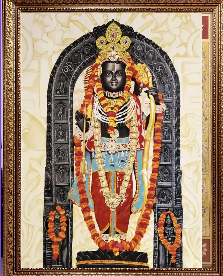 Buy the handmade Ram Lalla Realistic Painting crafted with acrylic on canvas. Premium framed devotional artwork (36 × 48 inches) perfect for pooja rooms, temples, homes, and spiritual décor.