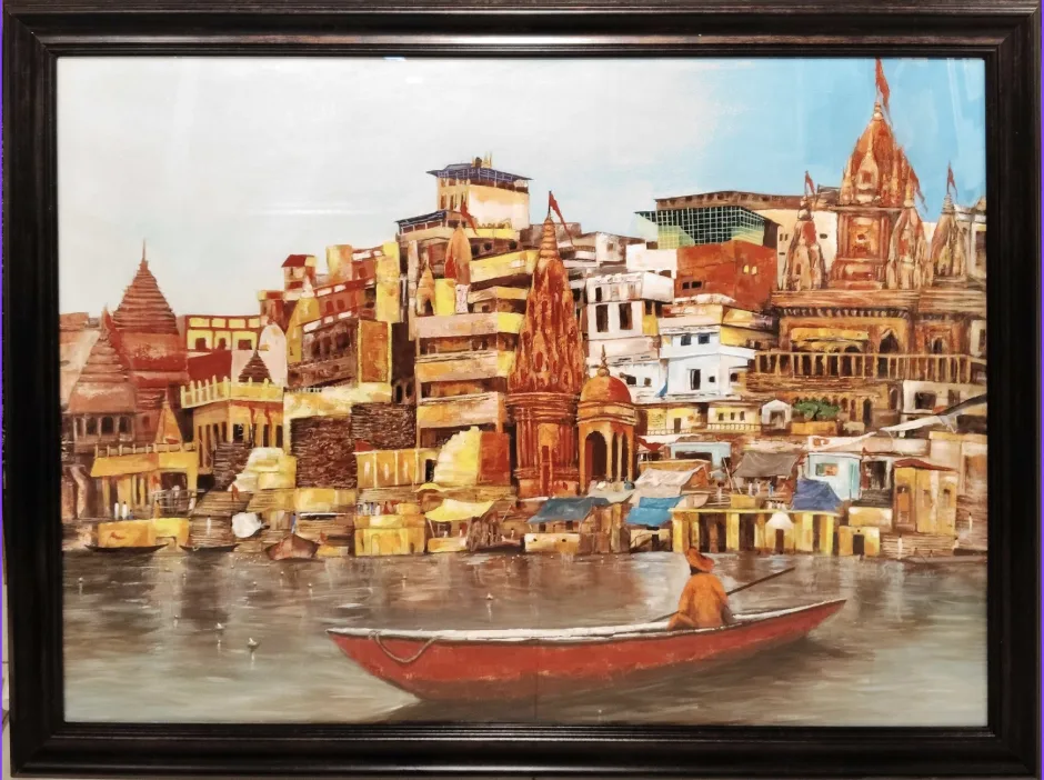 Buy the handmade Varanasi Ghat Modern Art Painting crafted with acrylic on canvas. Premium framed artwork (30 × 42 inches) showcasing the iconic ghats of Varanasi for elegant home décor.