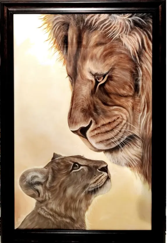 Buy the handmade Lion with Baby Realistic Painting crafted with acrylic on canvas. Premium framed wildlife artwork (24 × 36 inches) symbolizing strength, protection, and family.